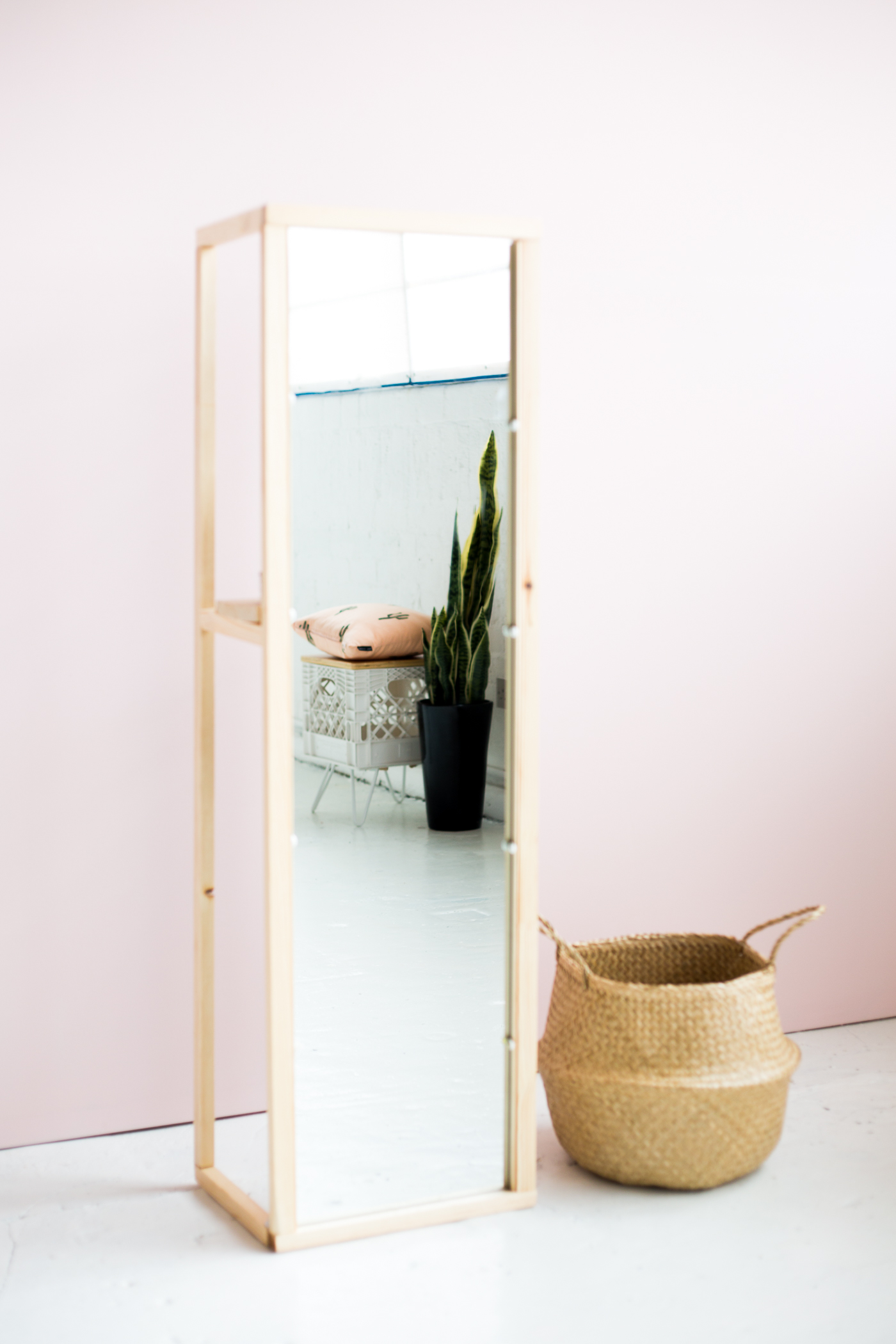 DIY Wooden Floor Standing Mirror with Useful Shelf